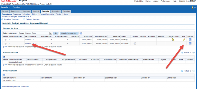Unable to find 'Edit' or 'Rework' link after a budget is rejected in Oracle Projects